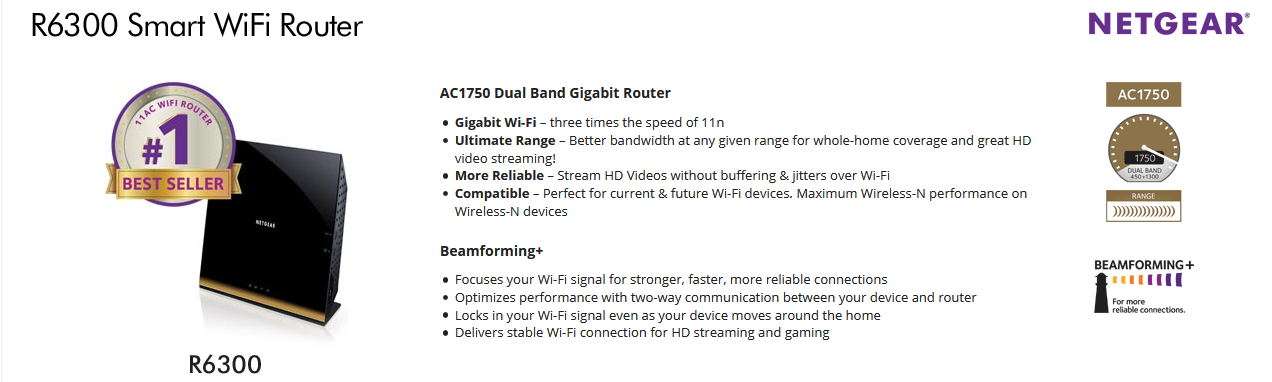 NETGEAR AC1750 Dual Band WiFi Gigabit Router R6300-NAS