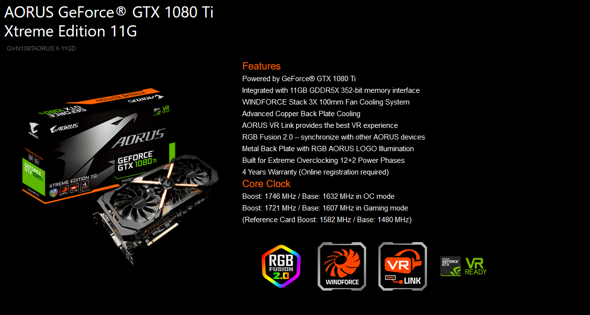 GIGABYTE GeForce GTX 1080 Ti 11GB GDDR5X Graphics Card (GVN108TAORUS11GD)  for sale online